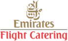 Emirates Flight Catering logo featuring gold and red text on a black background.