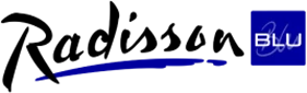 Radisson Blu logo featuring bold blue text on a black background, representing the hotel brand.