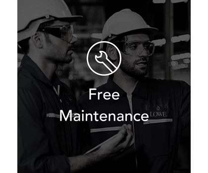 Two men in dark uniforms and hard hats discussing maintenance, with a wrench icon overlay.