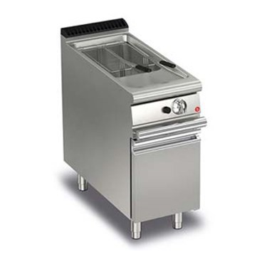 Stainless steel commercial deep fryer with two compartments and a control panel on the front.
