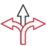 Three arrows in black and white, with red outlines, indicating different directions.