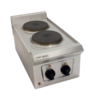 Stainless steel boiling top with two black heating elements and control knobs at the front.