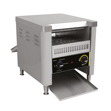 Stainless steel countertop oven with a pull-out tray and control panel featuring a yellow dial.