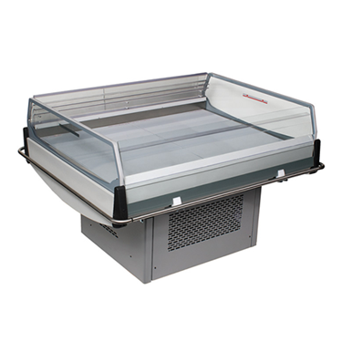 Island Grab 'n' Go cabinet with a transparent cover and grey metal base, designed for food display.