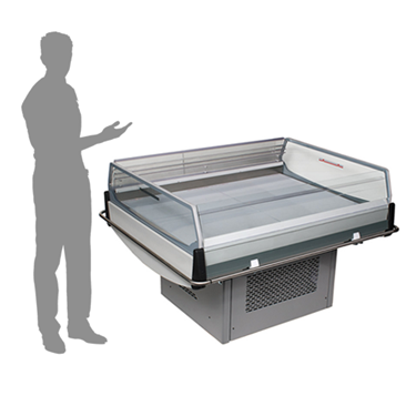 Island Grab 'n' Go Cabinet with a glass top, featuring a sleek silver base and shadowed figure.