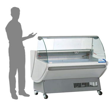 Serve-over counter with a glass front, grey body, and a silhouette of a person beside it.