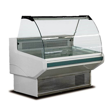 Serve-over display counter with a white exterior and glass top, designed for showcasing food items.