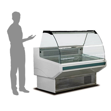Serve-over display counter in white, featuring a glass top and a shadowy figure gesturing beside it.