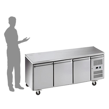Stainless steel three-door bench freezer with a smooth surface and wheels for mobility.