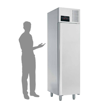 Slim stainless steel blast chiller/freezer with digital display, alongside a silhouette of a person.