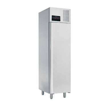 Slim stainless steel blast chiller/freezer with a digital display and four legs.