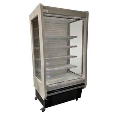 Multi-deck display fridge with a white exterior and glass doors, featuring five adjustable shelves.