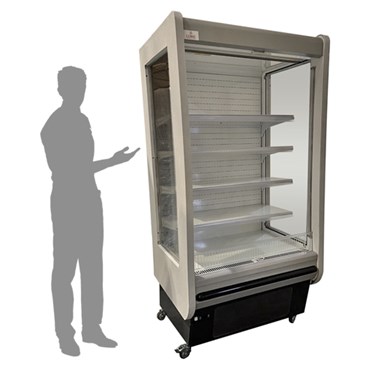 C1T multi-deck display fridge with a transparent front and grey shelving, shown beside a silhouette.