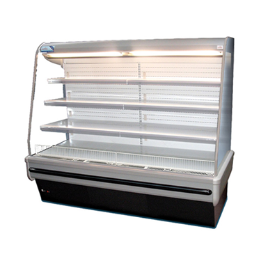 Multi-deck display fridge with a silver frame and transparent shelves, featuring bright interior lighting.