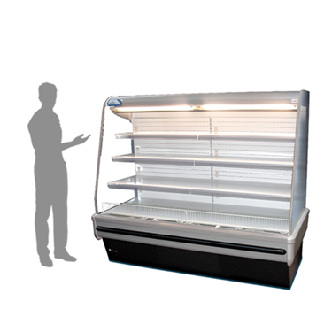 Multi-deck display case with transparent shelves, illuminated interior, and a shadow of a person beside it.