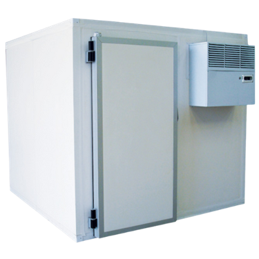 Modular cold room, white exterior with grey accents, featuring a side door and cooling unit.