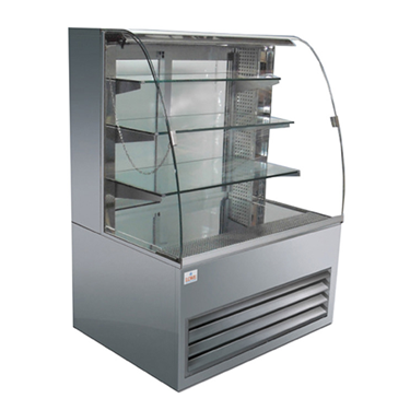 Refrigerated patisserie display fridge with a sleek silver exterior and glass shelves.