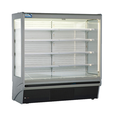 C2T Multi-Deck Display Fridge with a silver frame and transparent glass doors, featuring empty shelves.