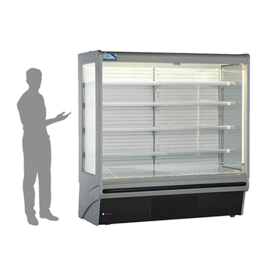 C2T Multi-Deck Display Fridge with a sleek silver finish and empty glass shelves.