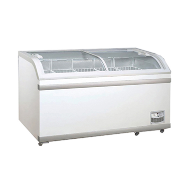 Sliding glass display freezer in white, featuring two sliding doors and wire shelves inside.
