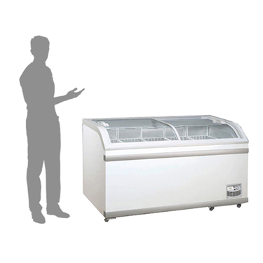 Sliding glass display freezer in white, with a silhouette of a person gesturing beside it.