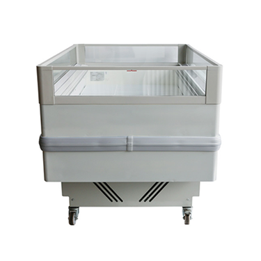 Dual temperature open top display fridge/freezer in white, featuring a glass top and wheeled base.