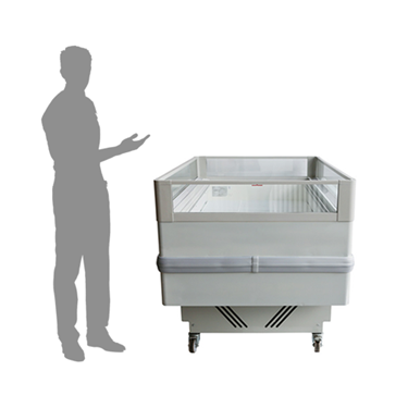 Dual temperature open top display fridge/freezer in grey, with a silhouette of a person beside it.