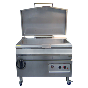 Stainless steel commercial cooking appliance with an open lid, featuring control knobs and wheels.