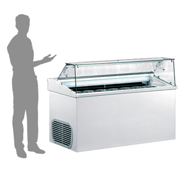 White ice cream display freezer with a glass top, accompanied by a silhouette of a person.