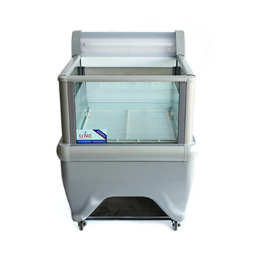 Dual temperature wall display fridge/freezer in white, featuring a glass front and open interior.