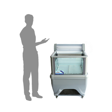 Dual temperature display fridge/freezer in white, with a shadowed figure gesturing beside it.