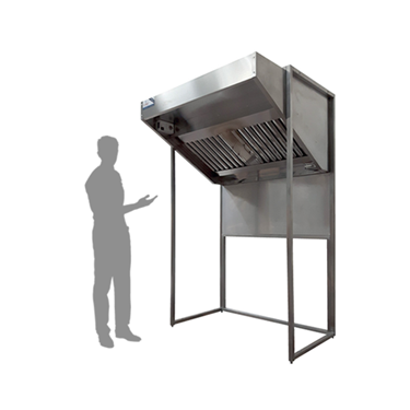 Stainless steel kitchen hood with a silhouette of a person gesturing beside it.
