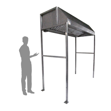 Metallic structure with a slanted roof, accompanied by a silhouette of a person gesturing.