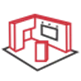 Red and black logo representing exhibitions, featuring a stylised 3D structure with screens.