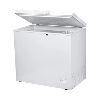 White chest freezer with an open lid, showcasing a spacious interior and textured surface.