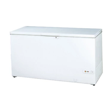 White chest freezer with a smooth surface and a hinged lid, positioned against a plain background.