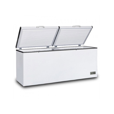White chest freezer with two open lids, featuring a smooth, glossy surface.