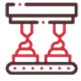 Red and grey graphic of a food conveyor system with two robotic arms.