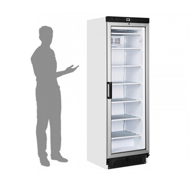 Glass door freezer with a white exterior and transparent front, featuring multiple shelves inside.
