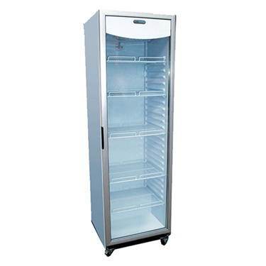 Tall glass door chiller with a silver frame, featuring empty shelves and a white top panel.