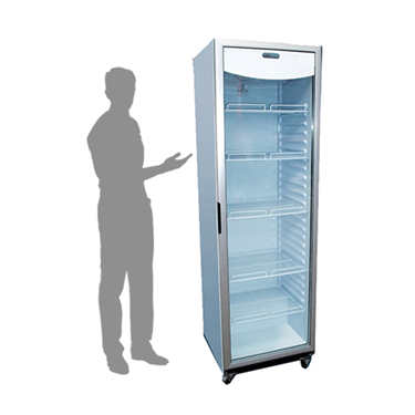 Glass door chiller with a silver frame, empty shelves, and a shadow of a person beside it.
