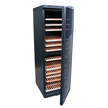 Black wine display fridge with wooden shelves, partially open to reveal wine storage inside.
