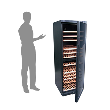 Wine display fridge with a sleek black exterior, showcasing neatly arranged bottles inside.