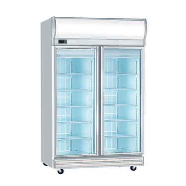 Double glass door chiller with a silver frame and blue interior, featuring empty shelves.