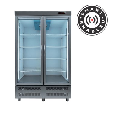 Double glass door chiller with a sleek grey finish and illuminated interior shelves.