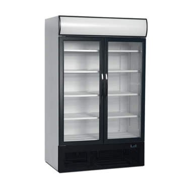 Double glass door display cooler with a black frame and white top, featuring empty shelves.