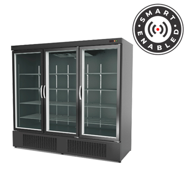 Triple glass door chiller with a sleek black finish and smart-enabled feature.