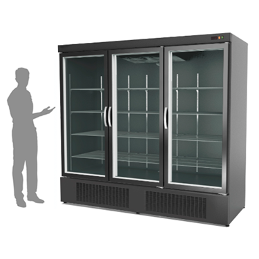 Triple glass door chiller with a sleek black finish and empty shelves, person gesturing beside it.