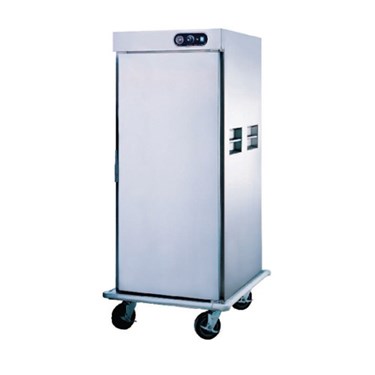 Stainless steel mobile storage cabinet with a single door and four wheels for easy transport.