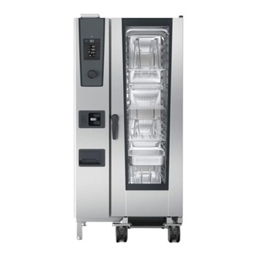 Stainless steel GN Combi 20E oven with a glass door and multiple cooking trays visible inside.